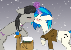 Size: 713x506 | Tagged: safe, artist:verbose, dj pon-3, octavia melody, vinyl scratch, g4, cute, female, glasses off, kissing, lesbian, ship:scratchtavia, shipping, snow, snowfall