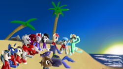 Size: 1920x1080 | Tagged: safe, artist:xpeacekeeper, princess luna, oc, oc:crab apple, oc:darcy sinclair, oc:ryo disk, oc:soundpallette, oc:tekner, wolf, g4, beach, collaboration, crabdisk