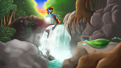 Size: 1024x576 | Tagged: safe, artist:archaspect, oc, oc only, oc:ilovekimpossiblealot, forest, solo, waterfall