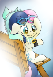 Size: 1561x2259 | Tagged: safe, artist:ethaes, bon bon, lyra heartstrings, sweetie drops, earth pony, pony, unicorn, g4, bench, clock, clothes, female, glasses, lesbian, scarf, secret agent sweetie drops, ship:lyrabon, shipping, sitting, the division, tom clancy's the division