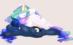 Size: 1024x627 | Tagged: safe, artist:princesstiramichyuu, princess celestia, princess luna, g4, sleeping