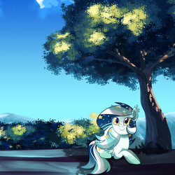 Size: 2000x2000 | Tagged: safe, artist:owlity, oc, oc only, oc:wistful galaxy, high res, prone, solo, tree