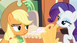 Size: 1366x768 | Tagged: safe, screencap, applejack, rarity, g4, the crystalling, cradle, crib, lidded eyes, looking at each other, out of context