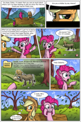 Size: 4190x6273 | Tagged: safe, artist:darkcollaboration, artist:galgannet, artist:lookmaidrew, artist:yutel-chan, applejack, cranky doodle donkey, pinkie pie, donkey, g4, absurd resolution, bench, comic, i can't believe it's not idw, stalker, tree