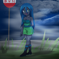 Size: 3507x3472 | Tagged: safe, artist:sumin6301, queen chrysalis, equestria girls, g4, boots, bus stop, clothes, cloud, cloudy, cute, cutealis, dress, equestria girls-ified, female, grass, high res, looking at you, open mouth, solo, teenager, waiting, walking, younger