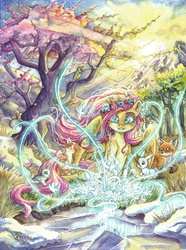 Size: 1024x1375 | Tagged: safe, artist:the-wizard-of-art, fluttershy, bird, cat, fox, pegasus, pony, rabbit, squirrel, g4, animal, crepuscular rays, female, floral head wreath, flower, forest, looking at something, mare, mountain, nature, outdoors, snow, solo, spread wings, spring, traditional art, tree, watercolor painting, wings