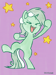 Size: 2000x2657 | Tagged: dead source, safe, artist:dkoshino, lyra heartstrings, pony, unicorn, g4, bipedal, excited, eyes closed, female, high res, open mouth, smiling, solo, standing, standing on one leg, stars