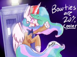 Size: 1024x768 | Tagged: safe, artist:manglethehistoryfox, princess celestia, pony, g4, bipedal, crossover, doctor who, eleventh doctor, female, fez, hat, solo, tardis