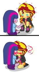 Size: 632x1160 | Tagged: safe, artist:sabrinagomes22, sunset shimmer, twilight sparkle, equestria girls, g4, bandaid, blushing, blushing profusely, chibi, cute, female, kissing, lesbian, ship:sunsetsparkle, shipping