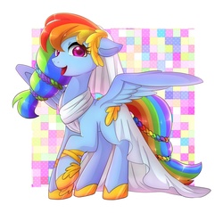 Size: 1024x980 | Tagged: dead source, safe, artist:hosikawa, rainbow dash, pegasus, pony, g4, beautiful, clothes, dress, female, gala dress, looking at you, mare, open mouth, smiling, solo, wedding dress