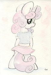 Size: 681x1007 | Tagged: safe, artist:slightlyshade, sweetie belle, g4, clothes, cute, diasweetes, female, midriff, panties, skirt, solo, traditional art, underwear, yellow underwear