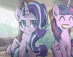 Size: 1024x800 | Tagged: safe, artist:tyuubatu, starlight glimmer, twilight sparkle, alicorn, pony, g4, the crystalling, female, looking at you, mare, scene interpretation, twilight sparkle (alicorn)