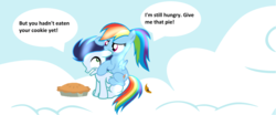 Size: 1600x668 | Tagged: safe, artist:princessblueyshine, rainbow dash, soarin', pegasus, pony, g4, cookie, ear bite, female, food, male, pie, ship:soarindash, shipping, straight, younger