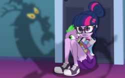 Size: 1600x1000 | Tagged: safe, artist:bootsyslickmane, discord, sci-twi, spike, spike the regular dog, twilight sparkle, dog, fanfic:the shadowbolts adventures, equestria girls, g4, my little pony equestria girls: friendship games, alternate clothes, clothes, converse, cowering, door, fanfic, fanfic art, glowing eyes, hair accessory, holding, holding a dog, palindrome get, pleated skirt, scared, shadow, shoes, sitting, skirt, sneakers, sneakers fetish, socks