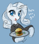 Size: 1024x1149 | Tagged: safe, artist:newvagabond, rarity, g4, blushing, burger, female, food, hamburger, sketch, solo, waitress