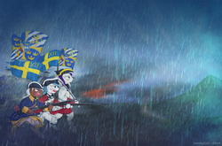 Size: 1024x674 | Tagged: safe, artist:wonkysole, pony, bipedal, caroleans, flag, great northern war, history, ponified, rain, soldier, sweden, swedish politics in the comments, war