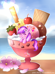 Size: 1400x1900 | Tagged: safe, artist:pika-chany, oc, oc only, oc:moonlight blossom, pony, beach, cup of pony, flower, flower in hair, food, heart eyes, ice cream, micro, ponies in food, solo, strawberry, wafer, wingding eyes