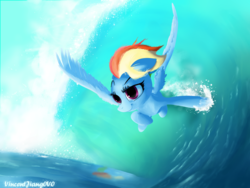 Size: 1024x768 | Tagged: safe, artist:vincentjiang0v0, rainbow dash, g4, female, flying, ocean, solo, water, wave