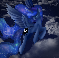 Size: 1024x998 | Tagged: safe, artist:luna-republic1, princess luna, g4, cloud, eyes closed, female, flying, night, solo