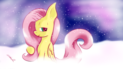 Size: 1024x576 | Tagged: safe, artist:freeedon, fluttershy, pegasus, pony, g4, female, folded wings, heart eyes, lidded eyes, looking at you, mare, outdoors, profile, sitting, smiling, snow, snowfall, solo, wingding eyes, wings