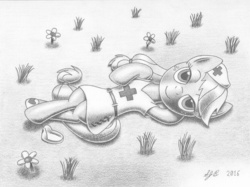 Size: 2999x2246 | Tagged: safe, artist:europeandragon, applejack, g4, female, grayscale, helloooooo nurse, high res, looking at you, monochrome, nurse outfit, on back, solo, traditional art