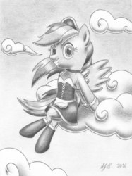 Size: 2237x2993 | Tagged: safe, artist:europeandragon, rainbow dash, g4, clothes, cloud, female, grayscale, grin, high res, maid, monochrome, rainbow dash always dresses in style, socks, solo, traditional art