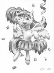 Size: 2237x2996 | Tagged: safe, artist:europeandragon, twilight sparkle, alicorn, pony, g4, armpits, bipedal, cheerleader, cheerleader sparkle, female, grayscale, high res, mare, monochrome, pom pom, solo, spread wings, traditional art, twilight sparkle (alicorn), wink