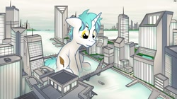 Size: 1280x715 | Tagged: safe, artist:fandroit, oc, oc only, oc:snap fable, pony, city, cityscape, giant pony, looming, macro