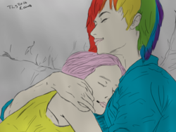 Size: 596x447 | Tagged: safe, artist:twilikessparkles, fluttershy, rainbow dash, human, g4, cuddling, cute, female, humanized, lesbian, ship:flutterdash, shipping, sleeping, snuggling