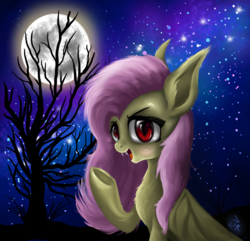 Size: 1400x1350 | Tagged: safe, artist:vanezaescobedo, fluttershy, bat pony, pony, g4, chest fluff, female, fluffy, flutterbat, moon, night, solo, tree