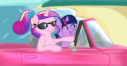 Size: 1280x666 | Tagged: safe, artist:kuromi, princess cadance, twilight sparkle, g4, beach, car, filly, filly twilight sparkle, sunglasses, teen princess cadance