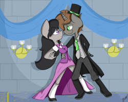 Size: 2000x1600 | Tagged: safe, artist:befishproductions, octavia melody, oc, oc:order compulsive, anthro, plantigrade anthro, g4, bowtie, canon x oc, castle, clothes, couple, dress, formal, hat, necktie, shipping, signature, suit, top hat