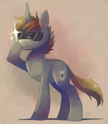 Size: 839x960 | Tagged: safe, artist:sharmie, oc, oc only, oc:order compulsive, pony, unicorn, frown, gray, needs more jpeg, solo, sunglasses