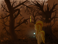 Size: 1600x1200 | Tagged: safe, artist:minosua, sunset shimmer, pony, unicorn, g4, butt, crossover, female, forest, night, plot, solo, totally normal tree