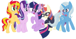 Size: 3792x1936 | Tagged: safe, artist:squipycheetah, moondancer, starlight glimmer, sunset shimmer, trixie, twilight sparkle, alicorn, pony, unicorn, amending fences, equestria girls, g4, counterparts, folded wings, happy, looking up, magical quintet, missing accessory, one eye closed, open mouth, raised hoof, simple background, smiling, standing, tongue out, transparent background, twilight sparkle (alicorn), twilight's counterparts, vector, watermark
