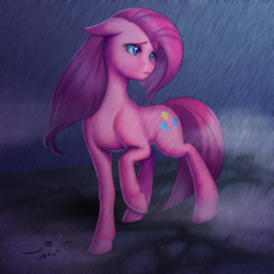 Size: 2200x2200 | Tagged: safe, artist:souladdicted, pinkie pie, g4, female, high res, pinkamena diane pie, rain, raised hoof, sad, solo