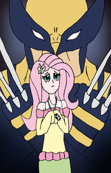 Size: 1580x2446 | Tagged: safe, artist:edcom02, fluttershy, human, equestria girls, g4, claws, clothes, crossover, dog tags, logan, marvel, off shoulder, sweater, sweatershy, wolverine, x-men
