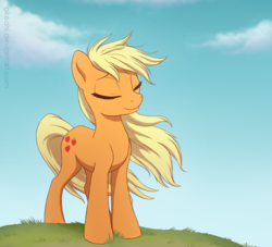 Size: 1000x909 | Tagged: safe, artist:akeahi, applejack, earth pony, pony, g4, eyes closed, female, hatless, loose hair, mare, missing accessory, outdoors, smiling, solo, windswept mane