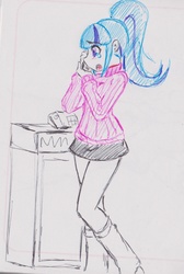 Size: 1482x2199 | Tagged: safe, artist:elgatosabio, sonata dusk, equestria girls, g4, clothes, crying, female, phone, ponytail, skirt, socks, solo, sweater, traditional art