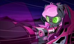 Size: 2197x1301 | Tagged: safe, artist:xn-d, oc, oc:heartbeat, bat pony, pony, crossover, fangs, goggles, hoverbike, open mouth, redline, smiling, style emulation