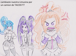 Size: 3003x2214 | Tagged: safe, artist:elgatosabio, adagio dazzle, aria blaze, sonata dusk, equestria girls, g4, angry, blushing, clothes, cross-popping veins, female, high res, microskirt, miniskirt, pigtails, pleated skirt, ponytail, shirt, simple background, skirt, socks, sonataco, spanish, sweatdrop, that girl sure loves tacos, that siren sure does love tacos, thigh highs, thigh socks, traditional art, translated in the comments, translated in the description, trio, zettai ryouiki
