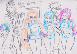 Size: 3052x2166 | Tagged: safe, artist:elgatosabio, adagio dazzle, applejack, fluttershy, princess celestia, principal celestia, trixie, zecora, equestria girls, g4, blushing, clothes, crying, equestria girls-ified, female, high res, petite, shorts, simple background, t-shirt, traditional art, weight, white background