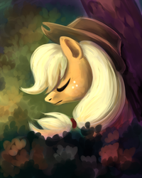 Size: 800x1000 | Tagged: safe, artist:bugiling, applejack, g4, eyes closed, female, forest, solo