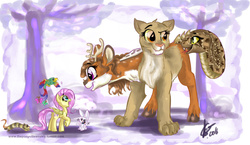 Size: 1385x801 | Tagged: dead source, safe, artist:vago-xd, angel bunny, fluttershy, butterfly, chimera, deer, ferret, parrot, pegasus, pony, snake, g4, tree