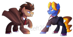 Size: 2400x1208 | Tagged: safe, artist:drawntildawn, doctor whooves, perfect pace, time turner, earth pony, pony, g4, angry, blazer, bowtie, clothes, crossover, doctor who, good vs evil, male, necktie, overcoat, pants, simple background, stallion, the doctor, the master, transparent background, watermark