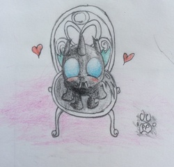 Size: 1280x1225 | Tagged: safe, artist:professionalpuppy, part of a set, kevin, changeling, g4, badumsquish's kitties, blushing, chair, cute, cuteling, fangs, heart, looking at you, looking up, looking up at you, sitting, smiling, solo, traditional art