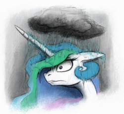 Size: 800x737 | Tagged: safe, artist:hewison, princess celestia, g4, female, floppy ears, rain, solo, stormcloud, wet mane