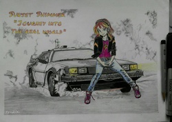 Size: 1024x727 | Tagged: safe, artist:alexzimmermann, sunset shimmer, equestria girls, g4, back to the future, delorean, female, headphones, humanized, solo