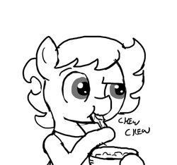 Size: 640x600 | Tagged: safe, artist:ficficponyfic, oc, oc only, oc:ruby rouge, earth pony, pony, colt quest, bowl, chewing, clothes, dinner, doubt, eating, female, filly, food, mashed potatoes, potato, raised eyebrow, spoon, story included, tomboy