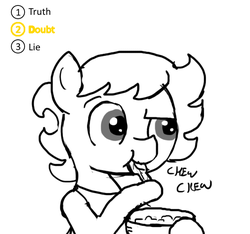 Size: 640x600 | Tagged: safe, artist:ficficponyfic, edit, oc, oc only, oc:ruby rouge, earth pony, pony, colt quest, bowl, chewing, clothes, dinner, doubt, eating, female, filly, interrogation, l.a. noire, press x to doubt, spoon